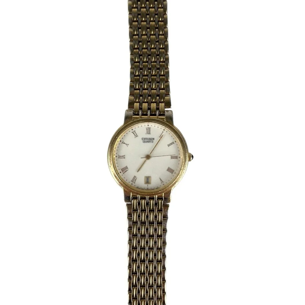Vintage Citizen Quartz Gold Tone Watch Roman Numeral Date Classic Dress